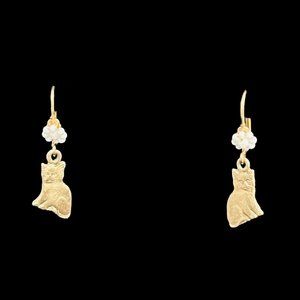 Vintage Gold Tone And Faux Pearls Cat Pierced Earrings (4658)